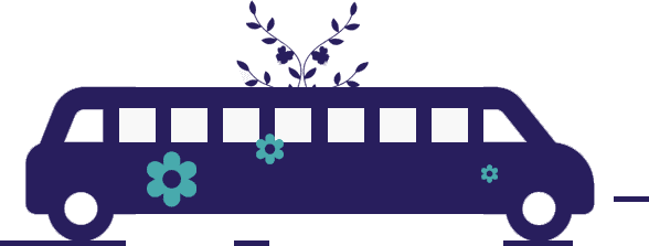 A blue train with flowers on the side.