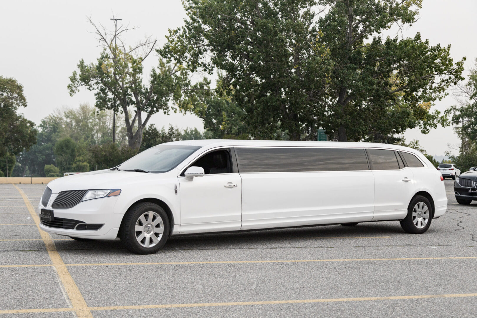 A white limo is parked on the side of the road.
