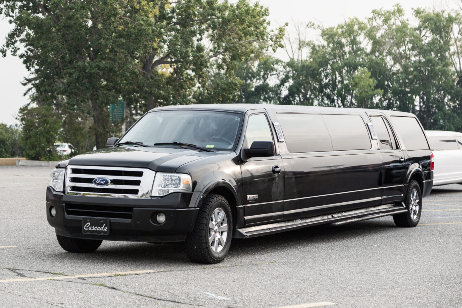 A black ford limousine parked with trees in the background