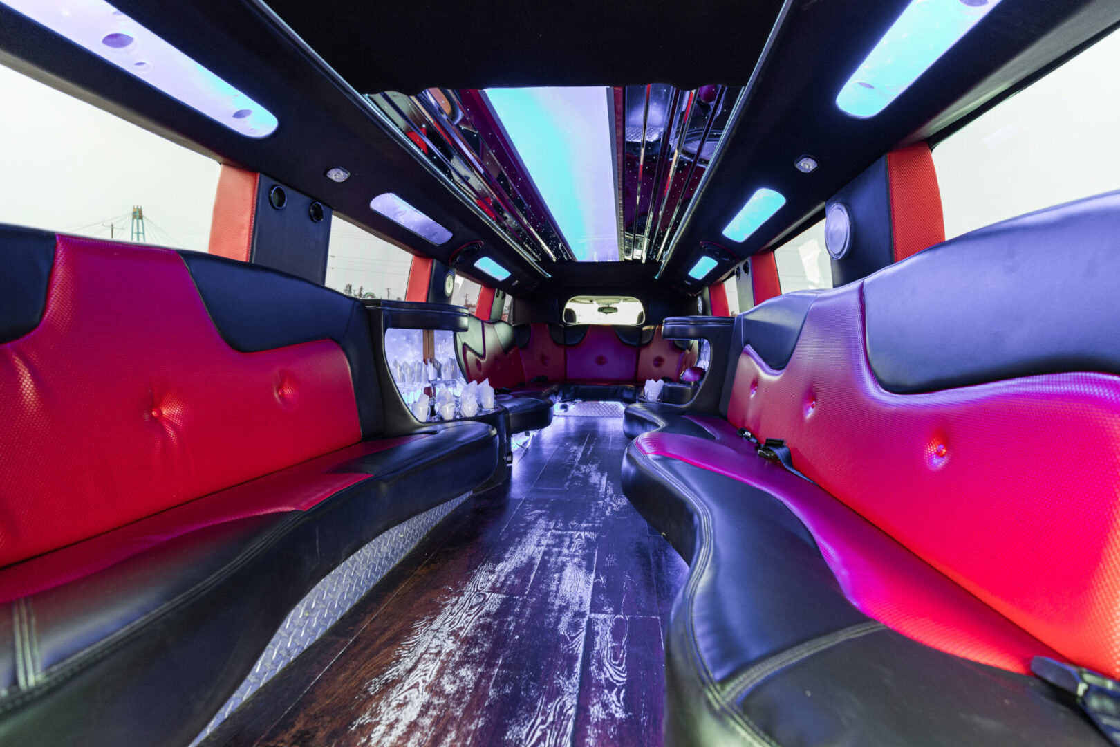 A view of the inside of a limo car.