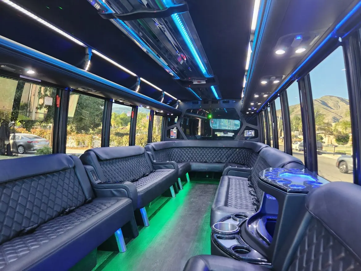 Interior of a luxury party bus with LED lighting