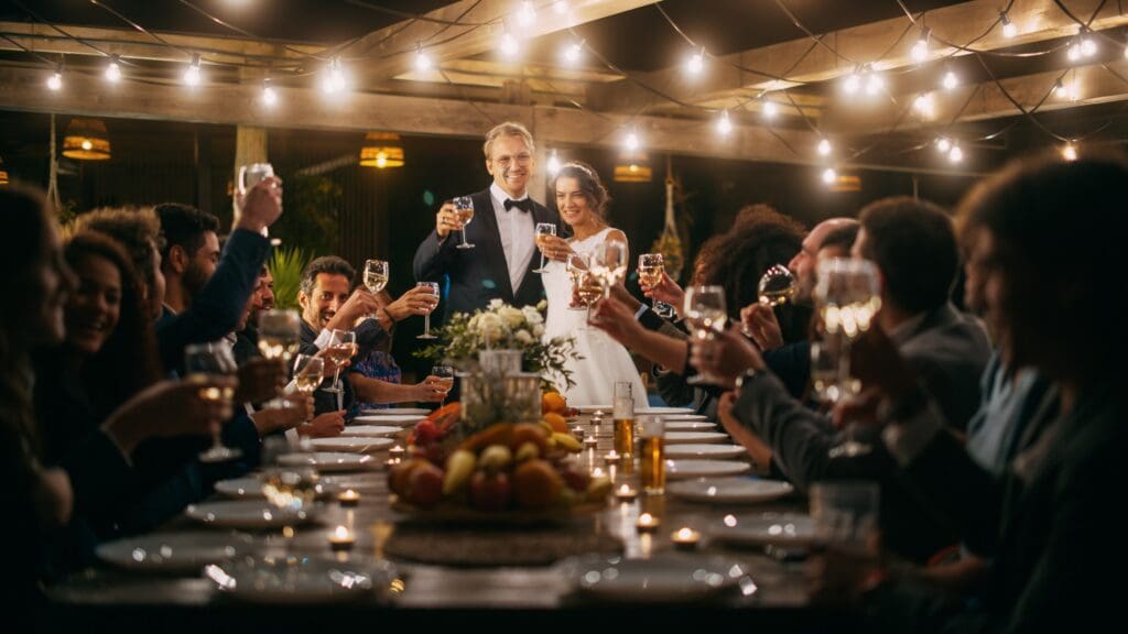 A bride and groom standing raise a glass to toast with their guests who are sited at a table.