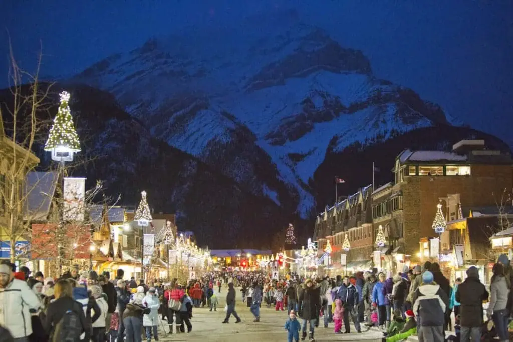 A shot taken at Banff Ave on a winter night. This photos shows one of the Christmas lights decorations seen in Banff during Cascade's annual Christmas lights drive thru limo tour.