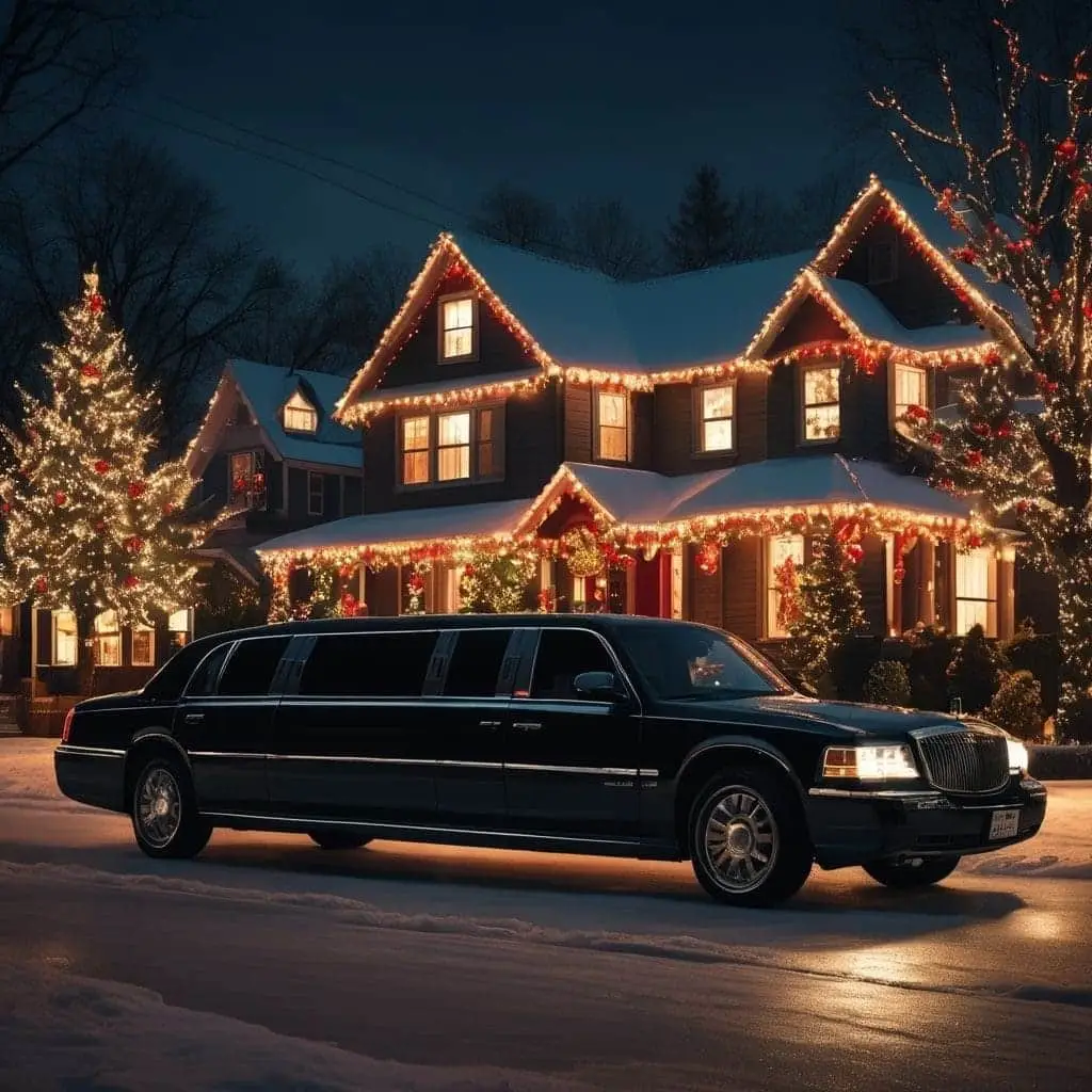 A black stretch limousine parks outside a house decorated with Christmas lights.